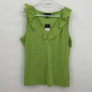 Chaps Denim Womens XL Green Ruffle Eyelet Henley Tank Top Sleeveless Cotton NEW